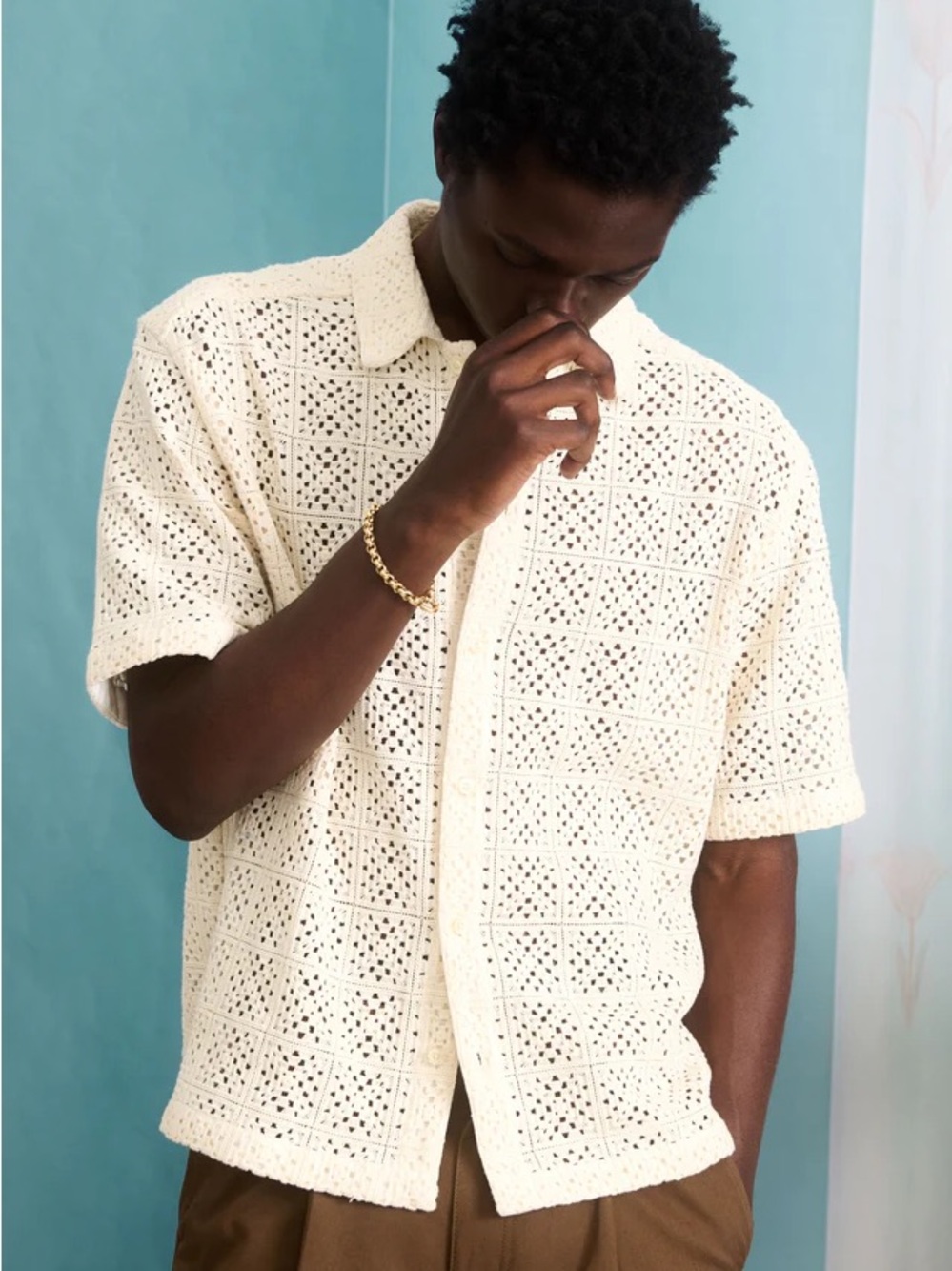 KOTN Gharam Cream Crochet Unisex Button-Up Shirt